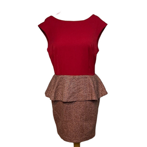 NWT Esley Sleeveless Dress Red Brown White Peplum L